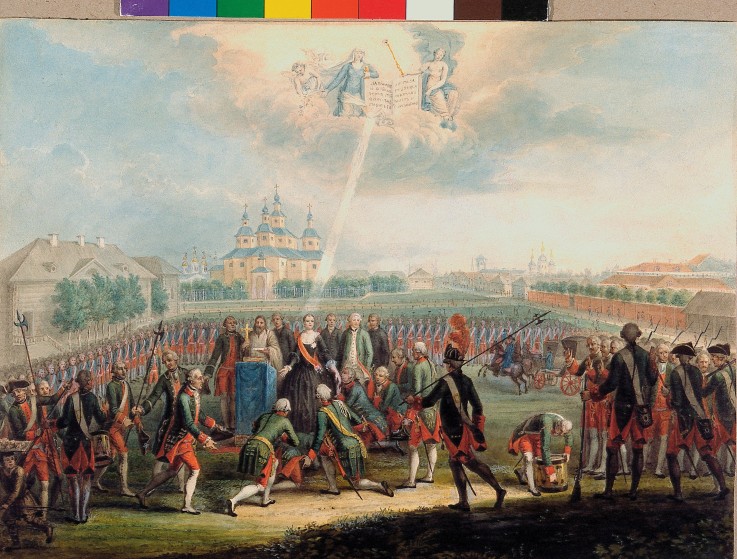 Catherine II Greeted by the Izmaylovsky Lifeguard regiment on the Day of the Palace Revolution on Ju de Unbekannter Künstler
