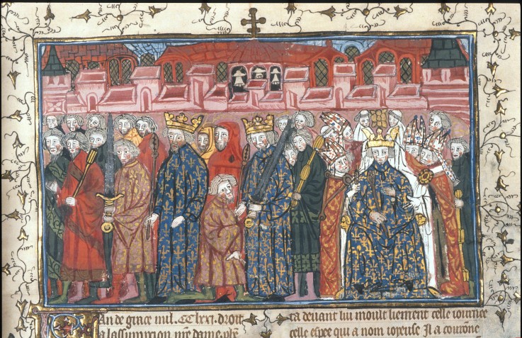 The coronation of Philippe II Auguste in the presence of Henry II of England (From the Chroniques de de Unbekannter Künstler