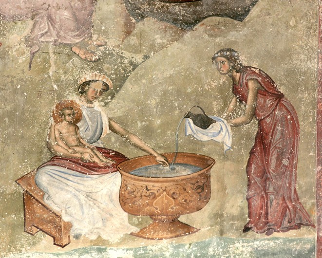 The washing of the child in the nativity scene de Unbekannter Künstler