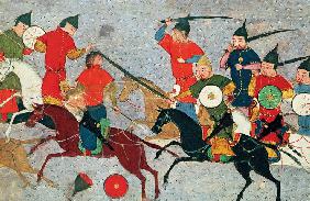 Ghenghis Khan in combat. Miniature from Jami' al-tawarikh (Universal History)