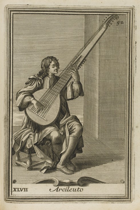 Archlute. Illustration from Gabinetto armonico pieno d'instrumenti sonori by Filippo Bonanni de Unbekannter Künstler