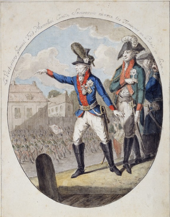 Field Marshal A. Suvorov inspecting the troops before the Elector of Saxony Palace in Warsaw in 1794 de Unbekannter Künstler