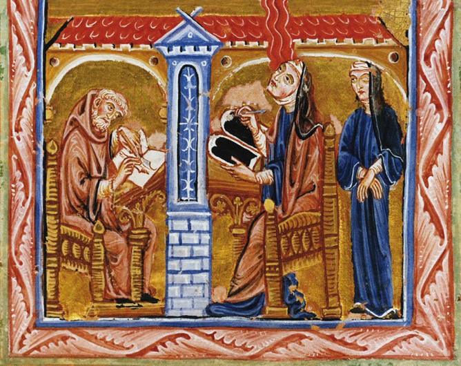 Hildegard receives a vision in the presence of her secretary Volmar and her confidante Richardis de Unbekannter Künstler