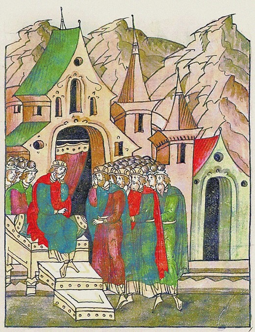 Yaropolk of Kiev calls his brothers to reconcile. (From the Illuminated Compiled Chronicle) de Unbekannter Künstler