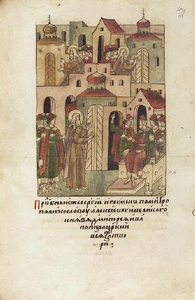 Sergius of Radonezh «closes» churches in Nizhny Novgorod (From the Illuminated Compiled Chronicle)