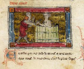 Lancelot rescuing a lady from a tub