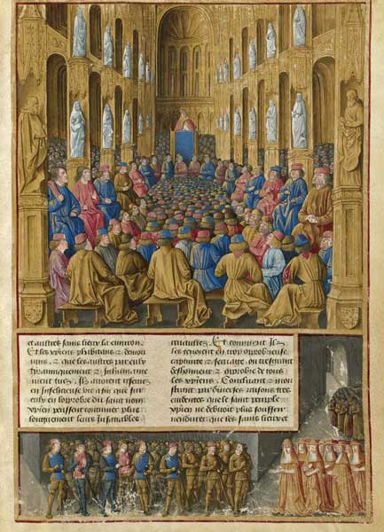 Pope Urban II at the Council of Clermont in 1095. Miniature from Livre des Passages d'Outre-mer de Unbekannter Künstler