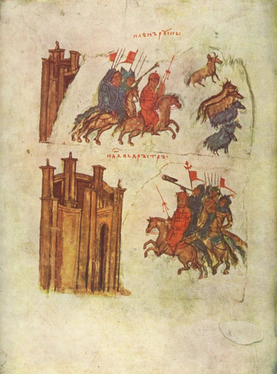 Invasion of the Russians and the Siege of Dorostolon led by emperor John I Tzimiskes (Miniature of M de Unbekannter Künstler
