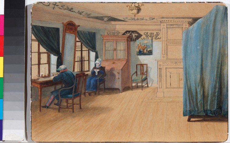 Bedroom Interior. Count Yegor Frantsevich Kankrin (1774-1845) at his desk de Unbekannter Künstler