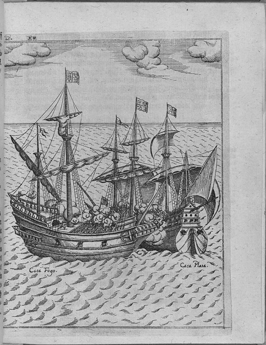 Battle between Francis Drake's ship Golden Hind and the Spanish ship Cacafuego. (From Levinus Hulsiu de Unbekannter Künstler