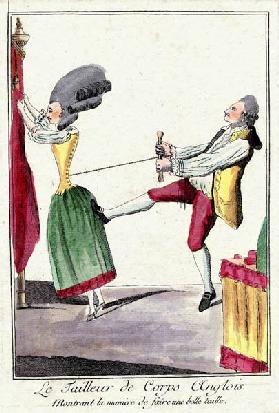 Tailor pulling tight the corset of an Englishwoman