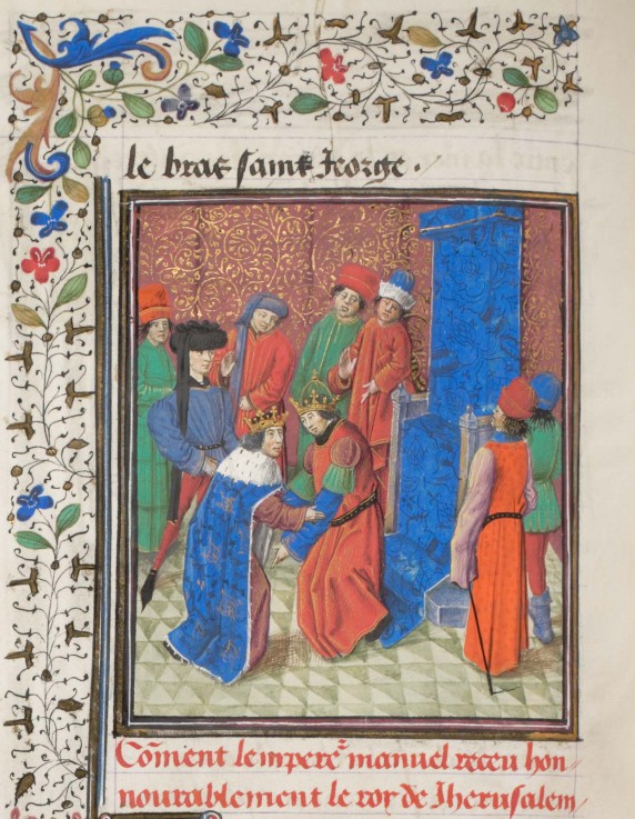 Emperor Manuel I Komnenos meets with king Amalric I of Jerusalem. Miniature from the "Historia" by W de Unbekannter Künstler