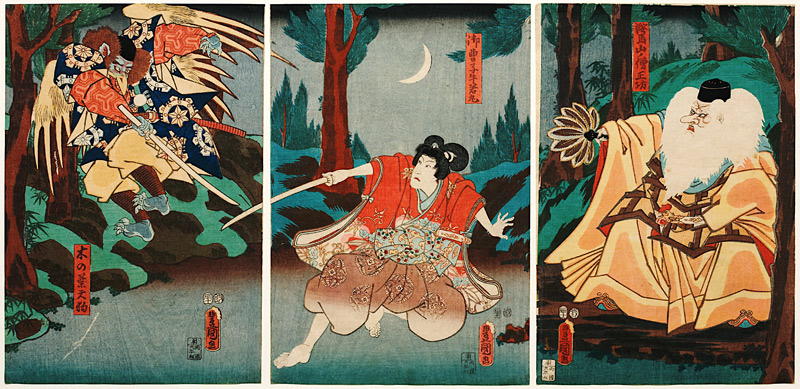 Tengu-Abtkönig Sojobo erteilt Ushiwakamaru Fechtunterricht de Utagawa Kunisada