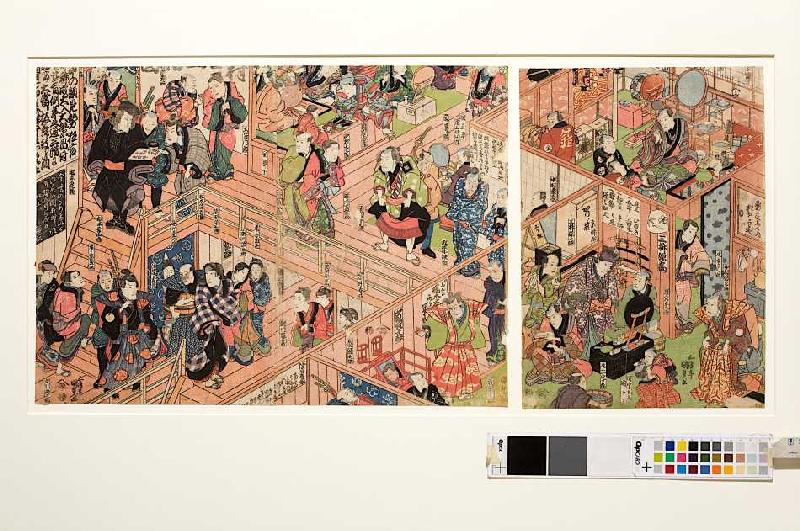 Blick vom zweiten Stockwerk ins Innere des Ichimura-Theaters in Edo de Utagawa Kunisada