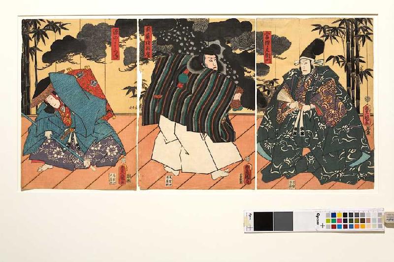 Minamotono Yoshitsune und Musashibo Benkei vor Fürst Togashino Saemon (Aus dem Kabuki-Schauspiel Ben de Utagawa Kunisada