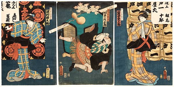 Bühnenszene aus dem Kabuki-Schauspiel Die Begegnung der Rivalen im Vergnügungsviertel (recto von 383 de Utagawa Kunisada