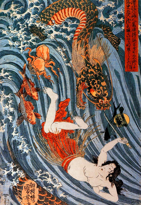 Princess Tamatori steals dragon god's tide jewels de Utagawa Kuniyoshi