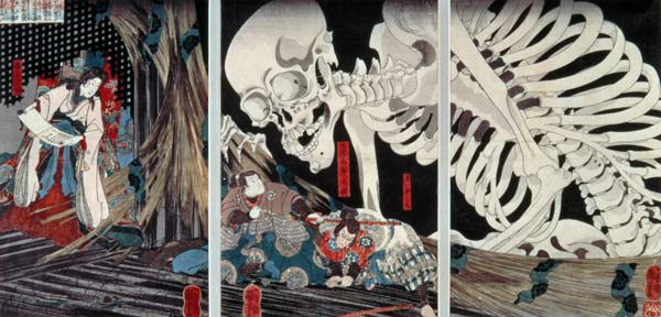 Mitsukini Defying the Skeleton Spectre, c.1845 (hand coloured woodcut print) de Utagawa Kuniyoshi