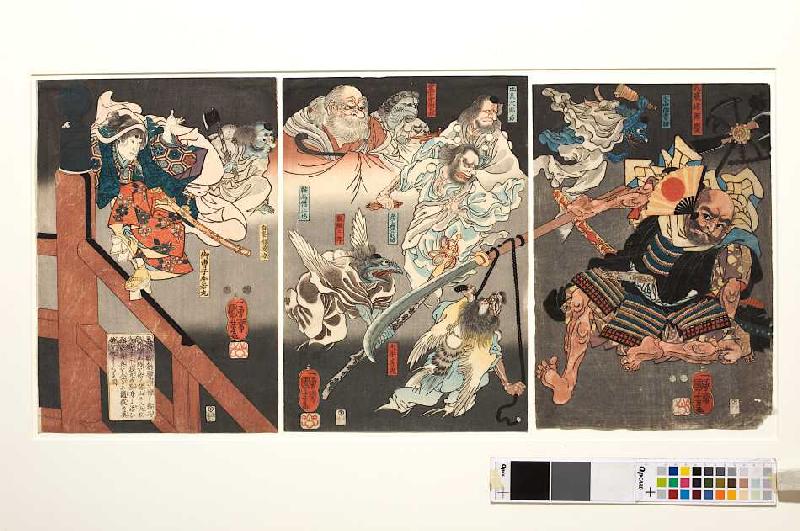 Auf der Brücke kämpfen Ushiwakamaru und der Tengu gegen Benkei de Utagawa Kuniyoshi