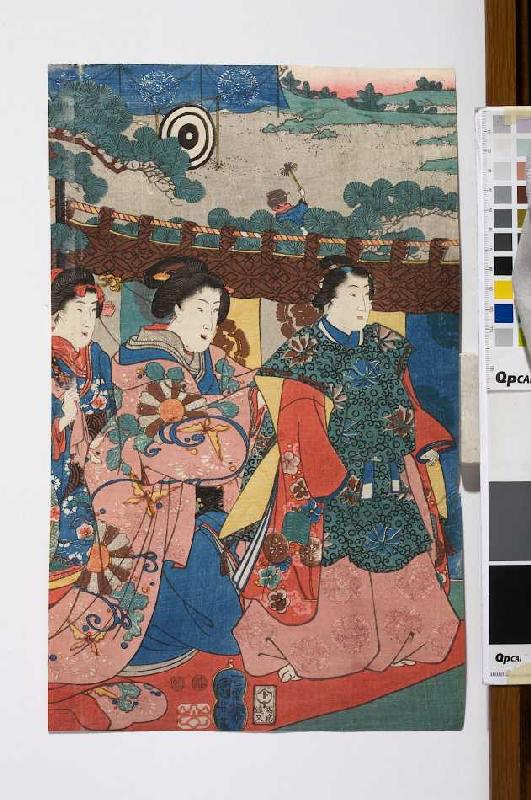 Ein Fest im Freien mit Bogenschießen im Hintergrund - Verso von 38251 de Utagawa Kuniyoshi