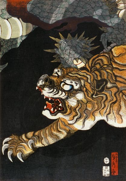 A dragon and two tigers - mitte de Utagawa Sadahide