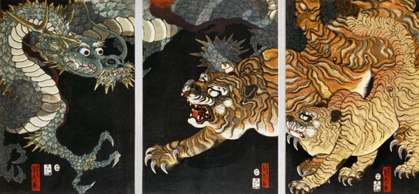A dragon and two tigers de Utagawa Sadahide