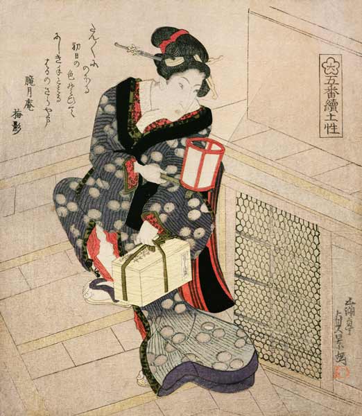 Woman climbing the stairs holding a lamp and a box de Utagawa Sadakage