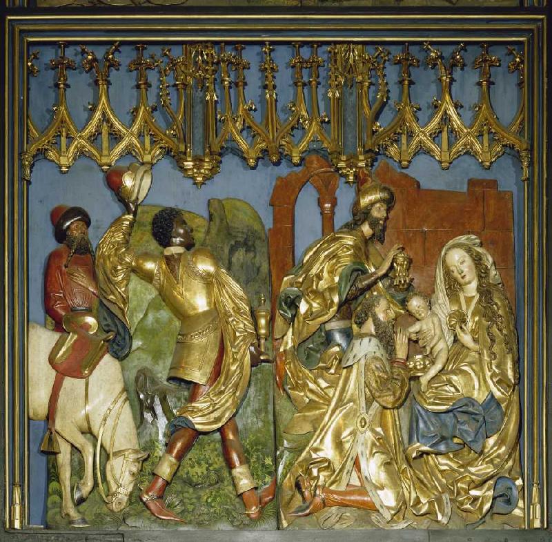 Der Krakauer Marienaltar: Die Anbetung der Heiligen Drei Könige (linkes unteres Flügelrelief) de Veit Stoß