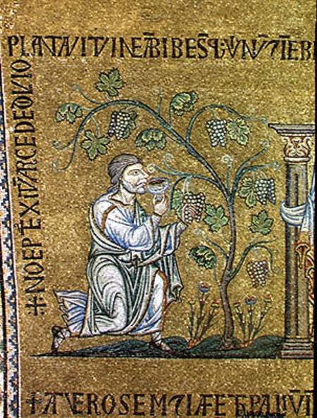 Noah drinking wine amongst the vines, detail from the Story of Noah de Veneto-Byzantine School