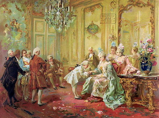 The presentation of the young Mozart to Mme de Pompadour at Versailles in 1763 (colour litho) de Vicente de Paredes