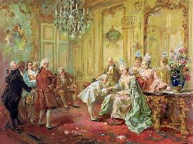 The presentation of the young Mozart to Mme de Pompadour at Versailles in 1763 (colour litho)