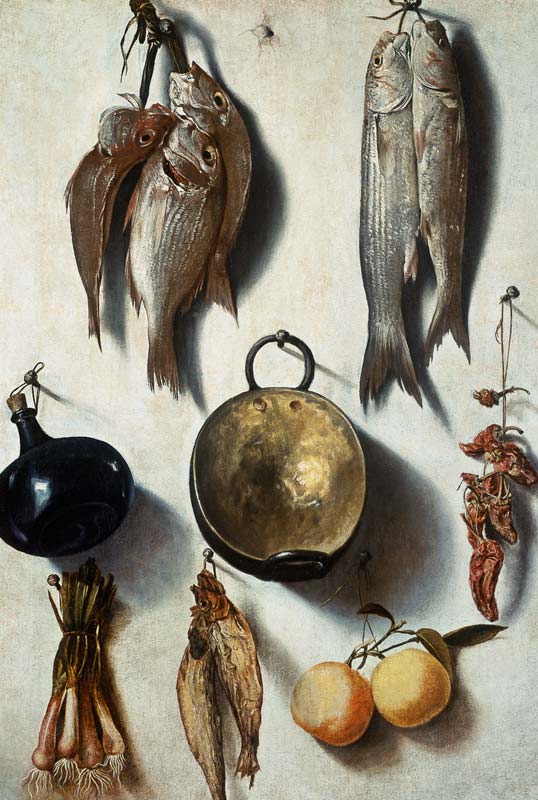 A Trompe L'Oeil of Fish, Cooking Utensils, Vegetables and Fruit de Vicente Victoria or Vitoria