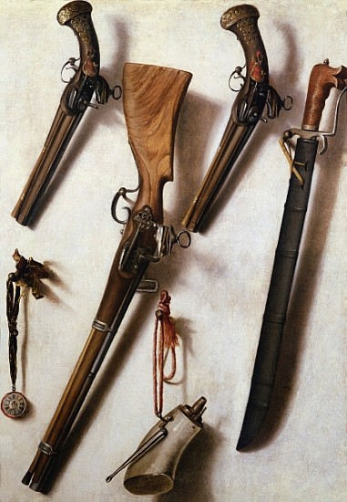 Trompe L''Oeil with Rifles, Sword and Gunpowder Horn de Vicente Victoria or Vitoria