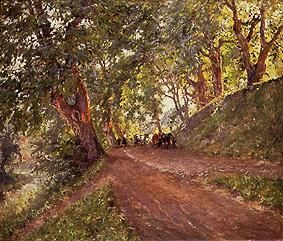 Smallholders with cows on a woodland path de Victor Alfred Paul Vignon