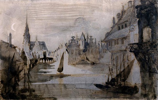 A Port in Flanders (pen & ink, pencil and wash on paper) de Victor Hugo