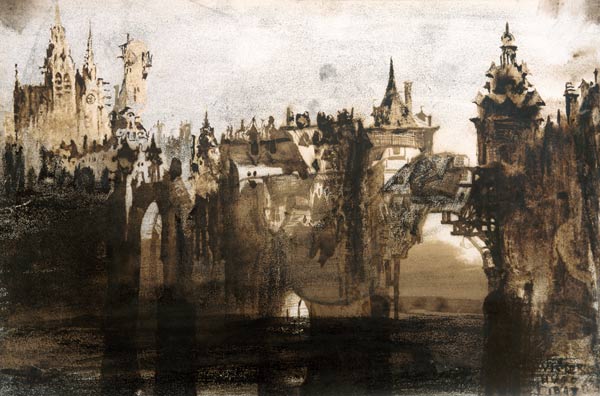 Town with a Broken Bridge (graphite, India ink and sepia on de Victor Hugo
