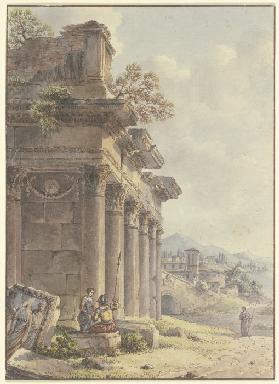 Architektonisches Capriccio: Ruinen einer Tempelfassade, im Hintergrund Landschaft mit Gebäuden und 