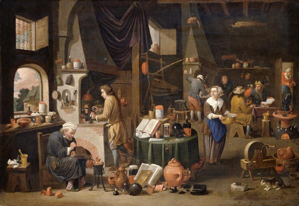 Interior with an alchemist and his assistants. de Victor Mahu