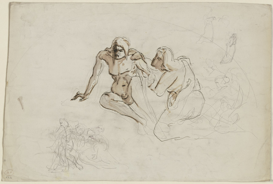 Auf dem Boden sitzender, übellauniger männlicher Akt, von einer neben ihm knienden weiblichen Gestal de Victor Müller