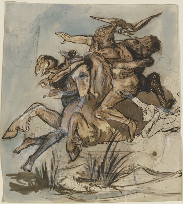 Bärtiger Mann in Begleitung eines Vogels auf einem Pferd im gestreckten Galopp, drei Gestalten suche de Victor Müller