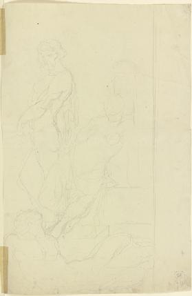 Un desnudo masculino de pie y un desnudo femenino sentado, a sus pies un desnudo masculino recostado
