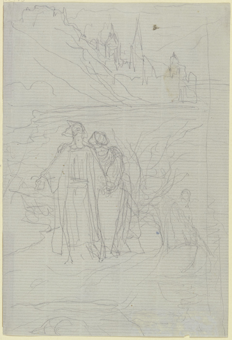 Schreitendes Paar am Ufer, rechts ein Kahn mit Schiffer de Victor Müller