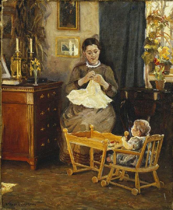 Interior with a mother doing needlework (the wife de Viggo Pedersen