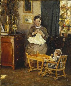 Interior with a mother doing needlework (the wife