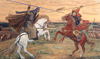 Peresvet und Tschelubey kämpfen auf dem Kulikov-Schlachtfeld 1380 de Viktor Michailowitsch Wasnezow