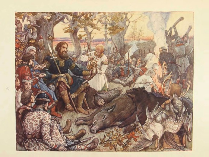 Rest of Grand Prince Vladimir II Monomakh on the Hunt. (The Imperial Hunt in Russia by N. Kutepov) de Viktor Michailowitsch Wasnezow
