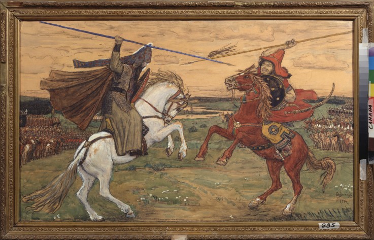 Single combat of Peresvet and Temir-murza on the Kulikovo Field in 1380 de Viktor Michailowitsch Wasnezow