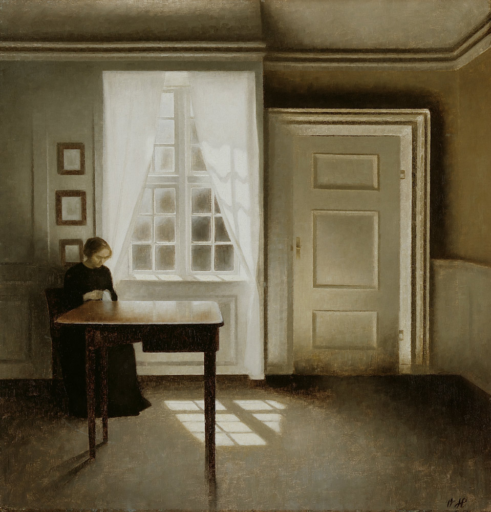 Interior with a sewing woman de Vilhelm Hammershoi