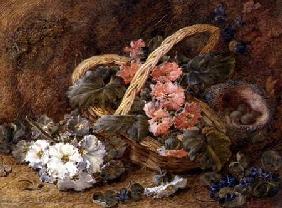 A bird's nest and a basket of flowers