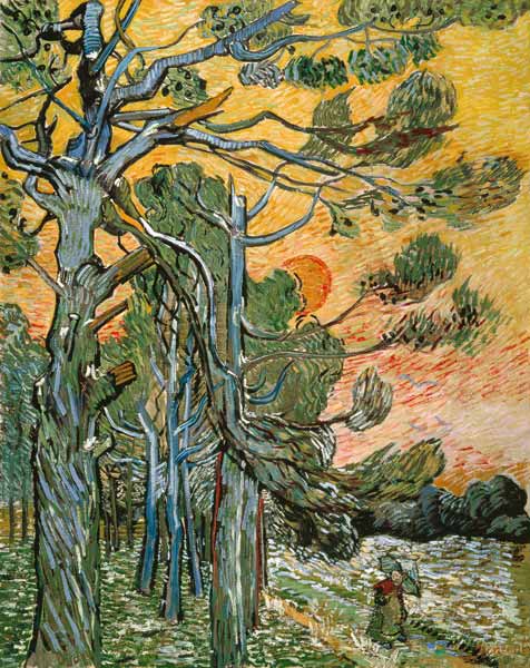 Pines with setting sun and female figure de Vincent Van Gogh